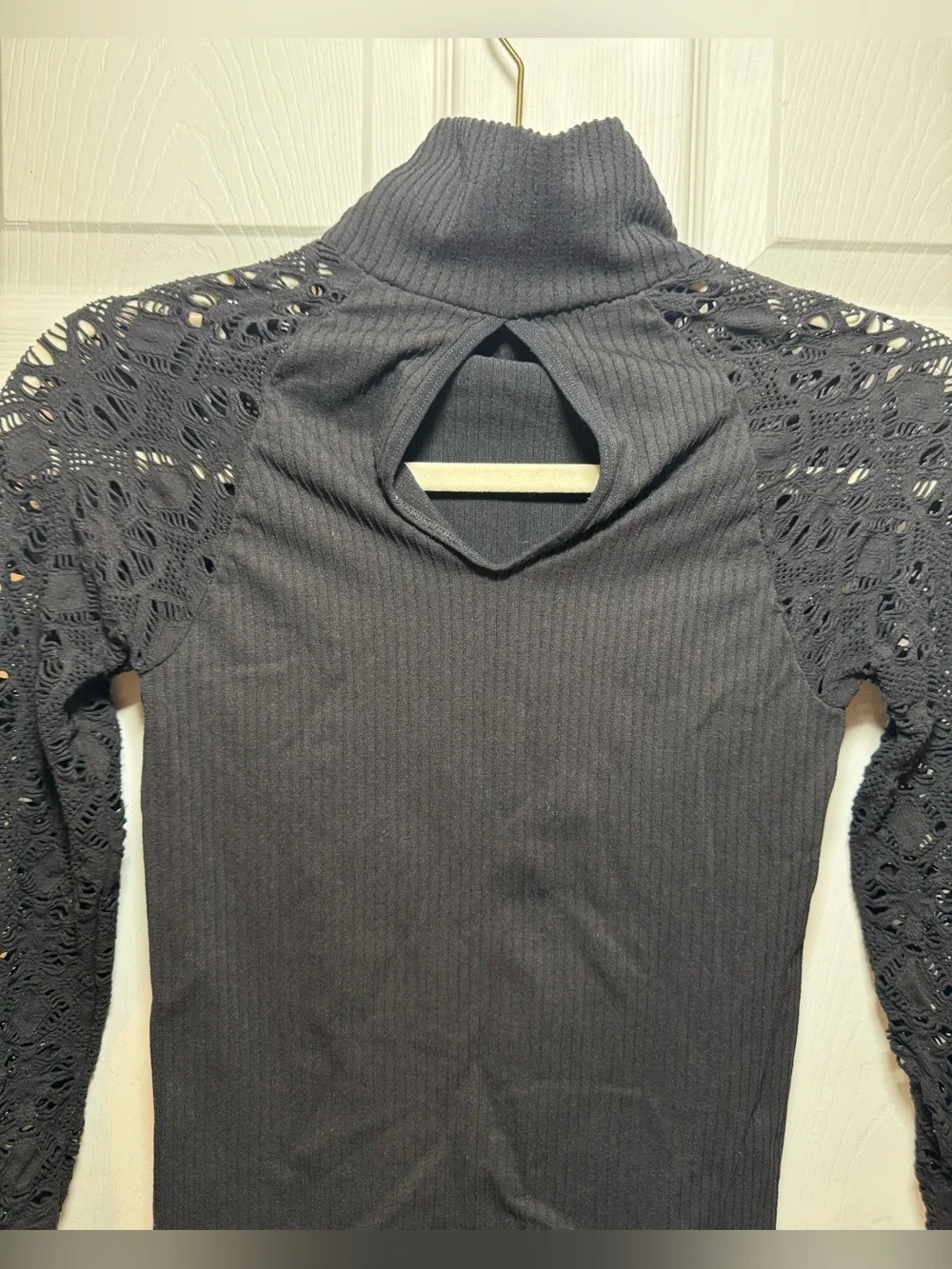 Intimately Free People Black Ribbed Fitted turtleneck Top Long Lace Sleeves
